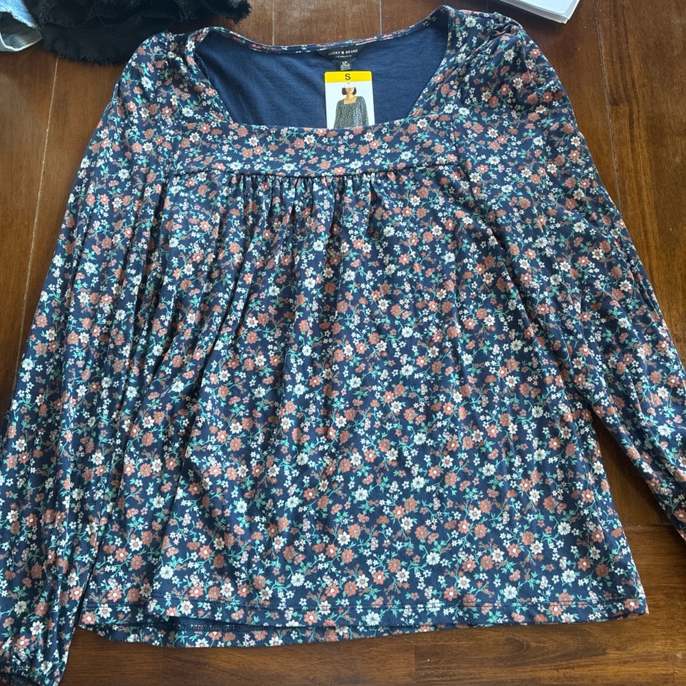 Lucky Brand Floral Scoop Neck Long Sleeve Women's Top - Navy